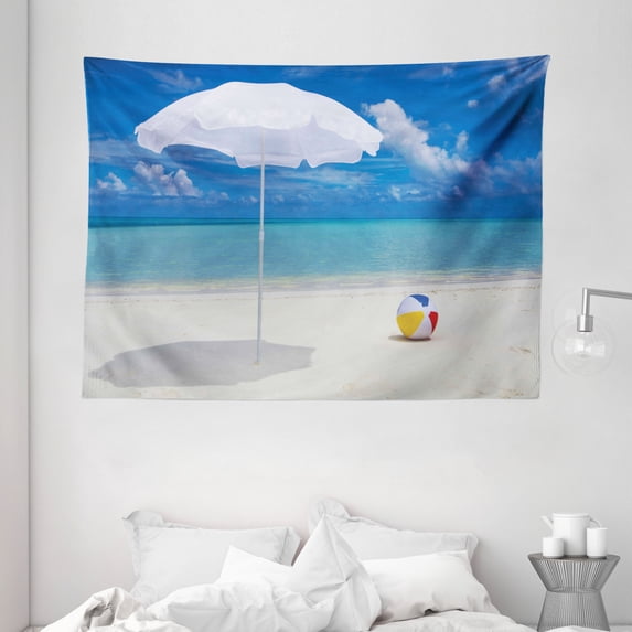 Beach Tapestry, Summer Season Vibes Seashore Ocean View Sunny Ball Waves Sands Artwork, Wall Hanging for Bedroom Living Room Dorm Decor, 80W X 60L Inches, Blue Aqua Cream White, by Ambesonne