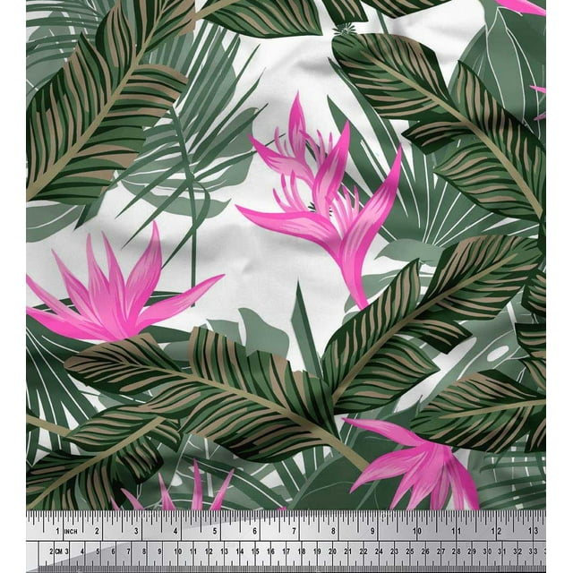 Soimoi polyester Crepe Fabric Floral & Leaves Tropical Printed Fabric 1 Yard 52 Inch Wide