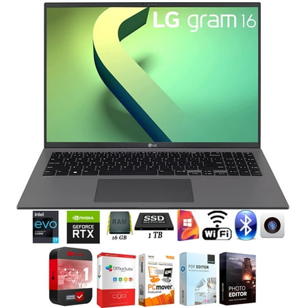 LG gram 16Z90Q 16" Lightweight Laptop, Intel i7-1260P, 16GB RAM/1TB SSD, Black Bundle with Elite Suite 18 Software + 1 Year Protection Warranty