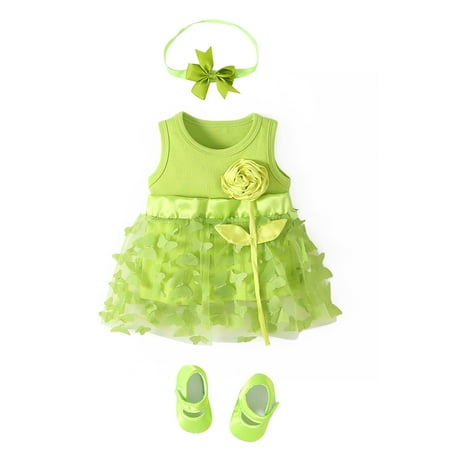 

Summer Dresses For Girls Spring Print Ruffle Sleeveless Princess Dress Shoes Headbands 3Pc Clothing For 18-24 Months