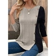 thumbnail image 6 of Women'S Color Block Button Asymmetric Long Sleeve Shirt, Light Button Trim, Side Slit Waist Top Khaki L, 6 of 8