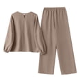 thumbnail image 4 of Women's 2 Piece Lounge Sets Solid Color Pullover Tops Wide Pants Puff Long Sleeve Sweatsuit Loose Jogger Tracksuit (Khaki L), 4 of 6