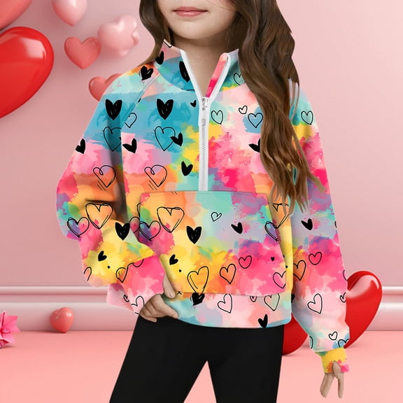 Girls Quarter Zip Hoodie Color Block Tie Dye with Hearts, Soft Stretchy Pullover for Kids 6-12,Size 7 T