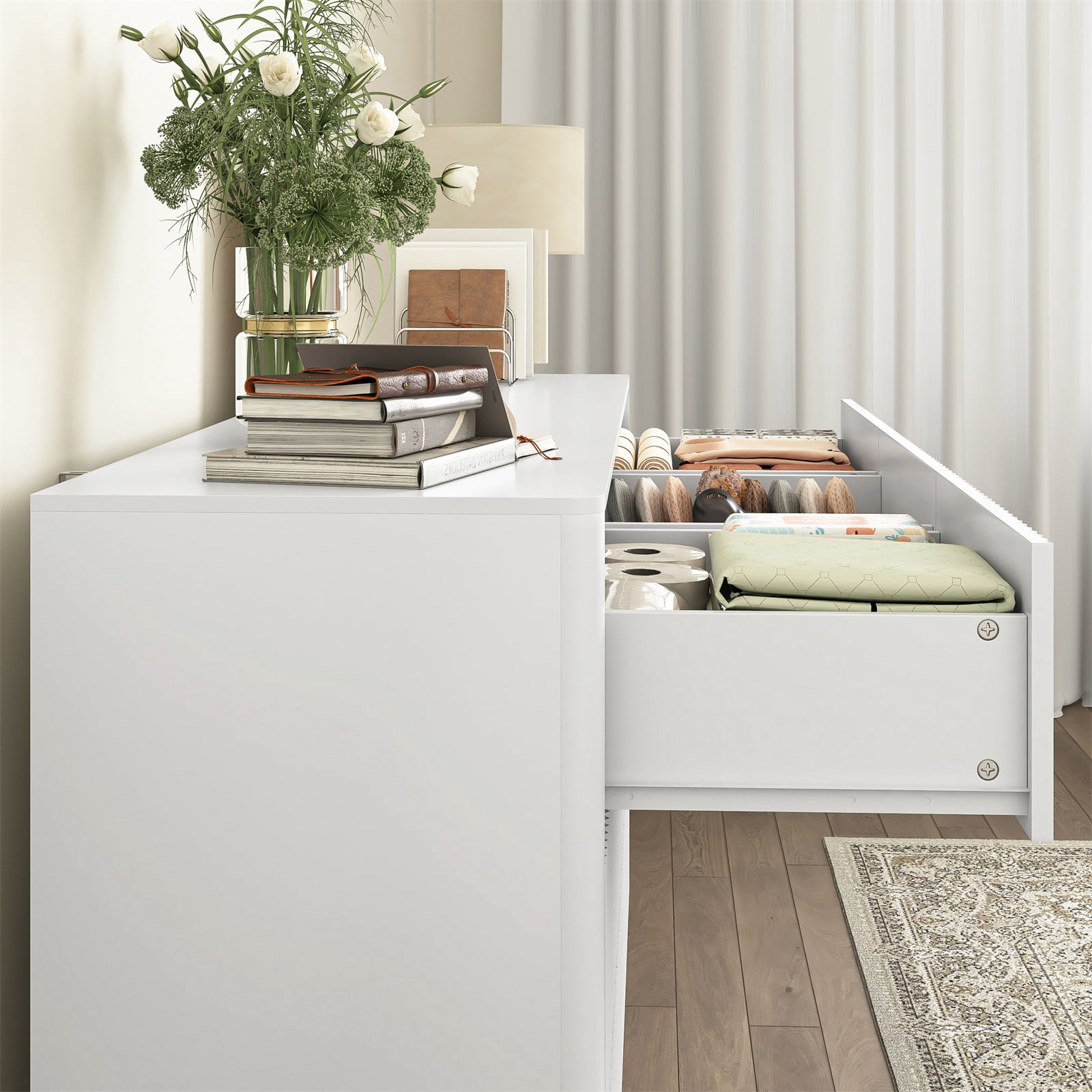 Hommoo Modern 9-Drawer Wood Dresser, Fluted Chest of Drawers, Multifunctional Storage Cabinet Credenza Side Table, White