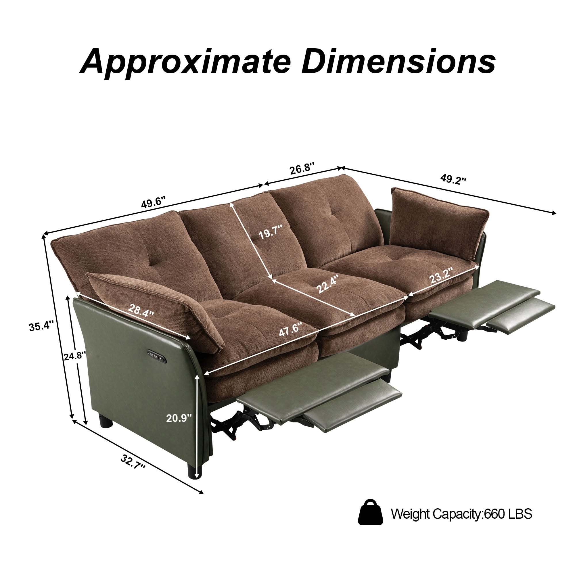 MAYEERTY 3-Seater Reclining Sofa with Extendable Footrest, Dual-Tone Linen & PU Leather Couch, 660 LBS Capacity for Living Room Apartment