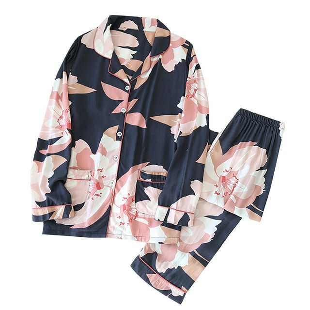 Ensemble de Pyjama en Coton pour Femme, Décontracté, Imprimé, Manches Longues, Col à Revers, Chemise Boutonnée et Pantalon, Tenue de Nuit avec Poches