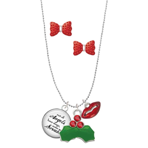 Delight Jewelry Domed Angels Wear Scrubs Christmas Kiss Charm Necklace and Stud Earrings