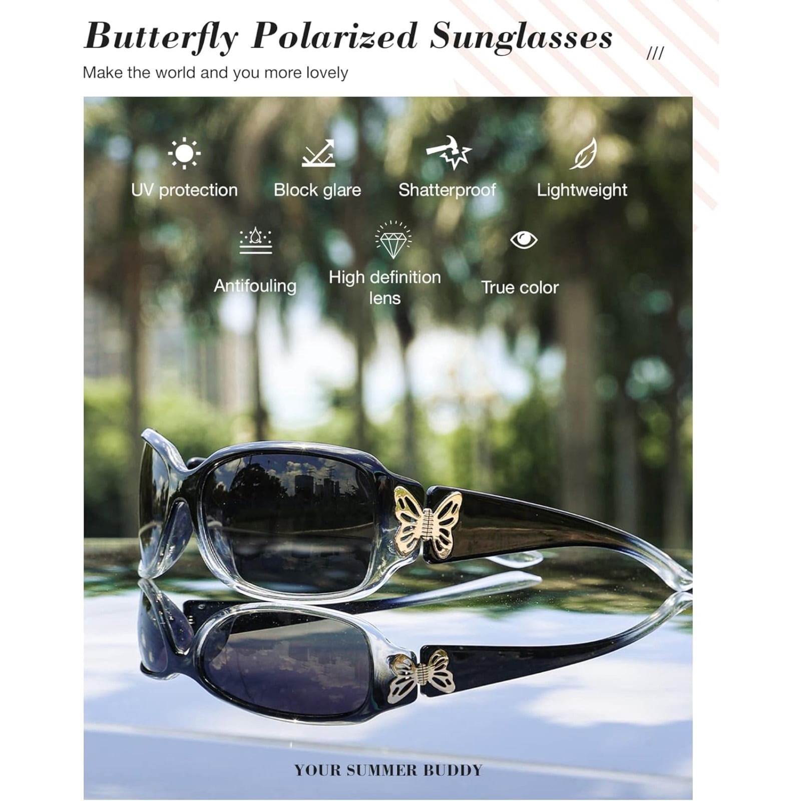 Polarized Sunglasses for Women with Wrap Around Butterfly Design, Trendy Jackie-O Style for UV400 Protection