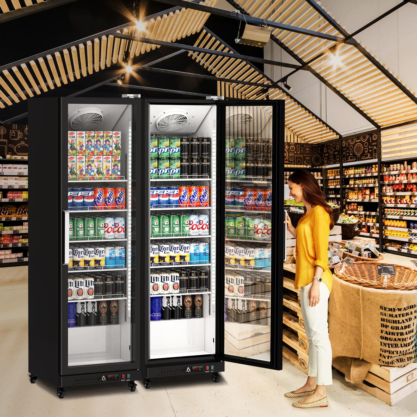 Danolapsi Commercial Refrigerator, Display Fridge Merchandiser Upright Beverage Cooler, Single Glass Door Fridge with Adjustable Shelves & Drink Organizers, 12.4 Cu. Ft. Black