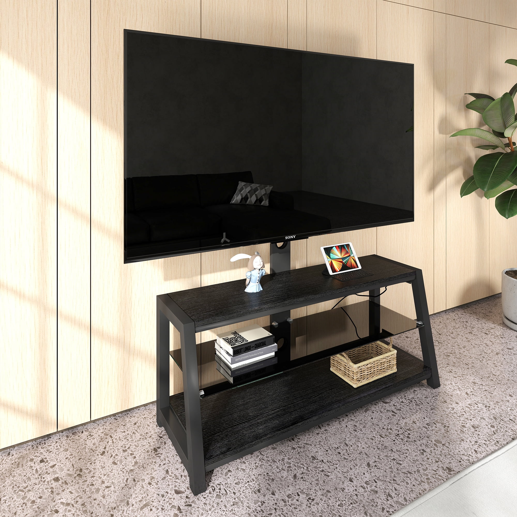 Yoneston TV Stand with Charging Station for TVs up to 65", Height Adjustable Universal Swivel Entertainment Center with Open Shelves Television Cabinet for Home, Black