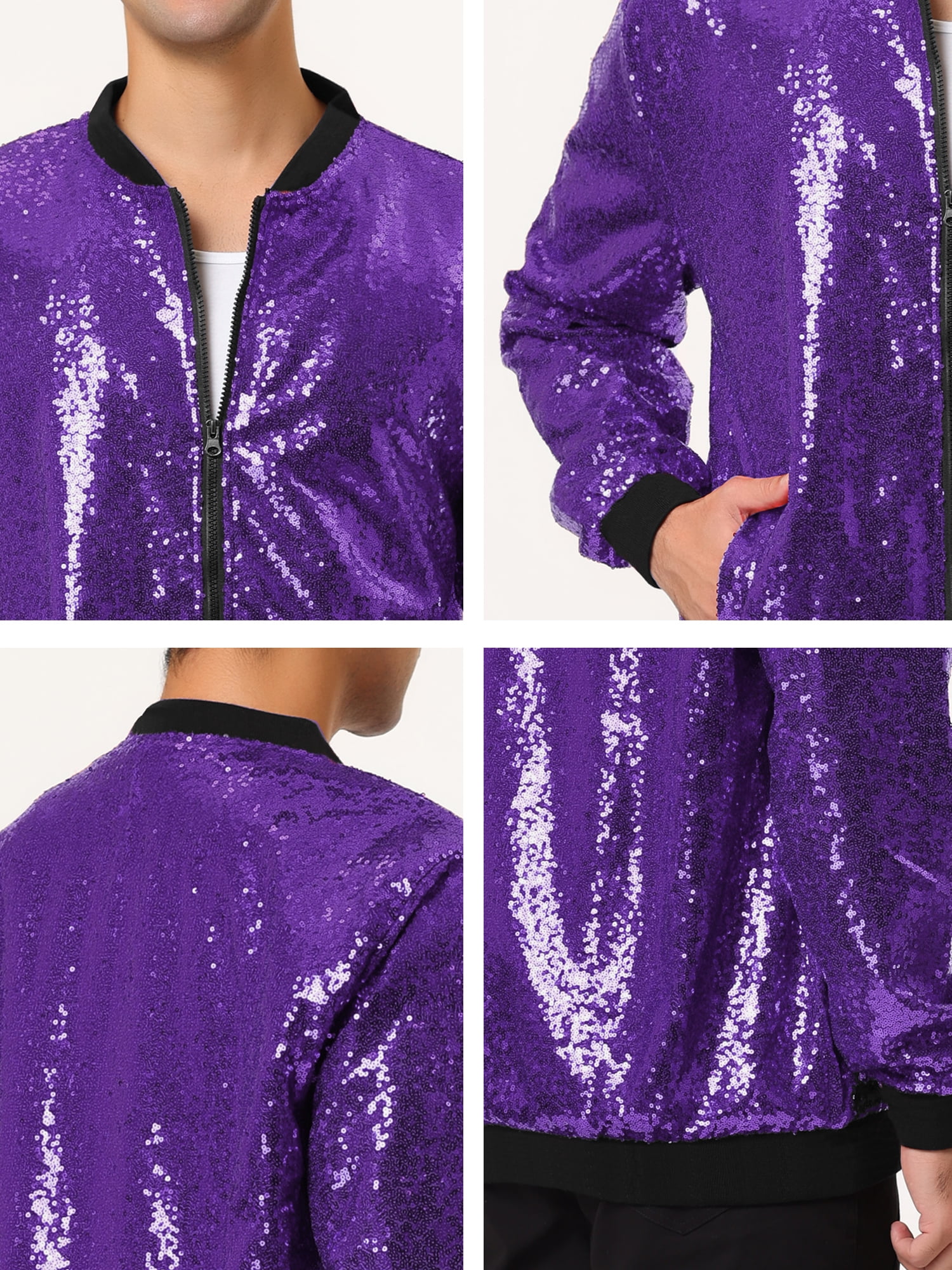Unique Bargains Men's Long Sleeves Sequin Varsity Zipper Bomber Jacket XL Purple