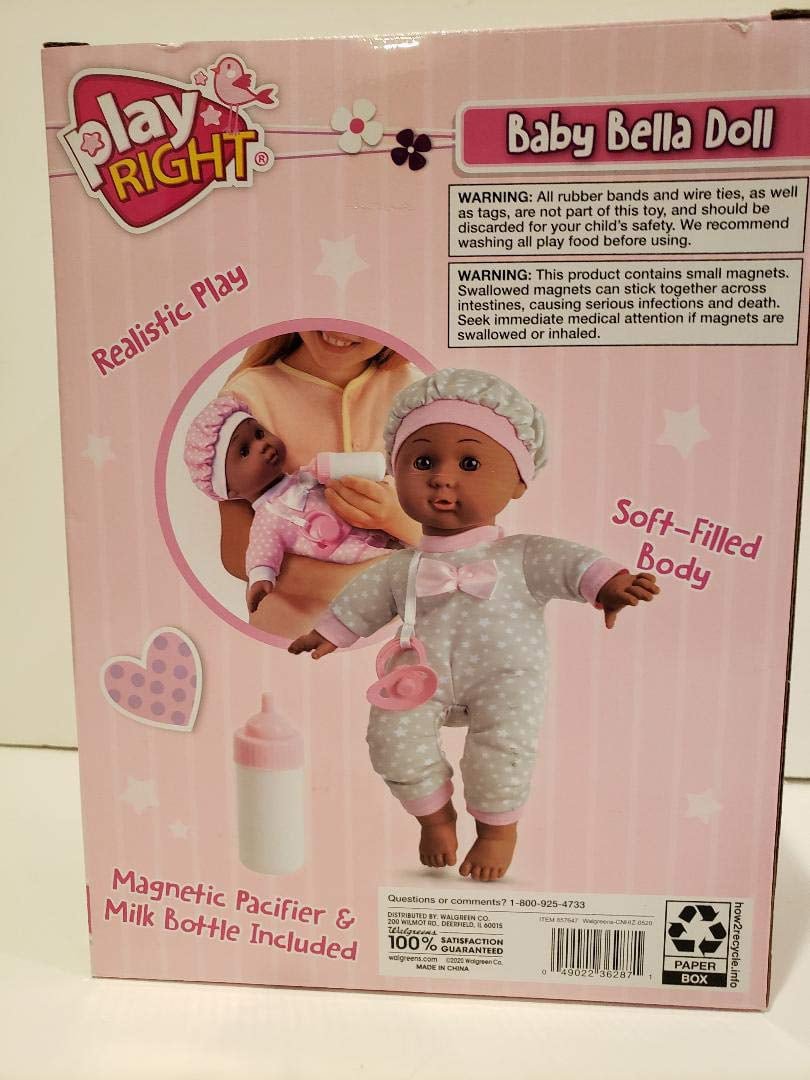 Play Right Baby Bella Doll Pink Purple Outfit Soft Body w/ 1 milk & 1 pacifier 