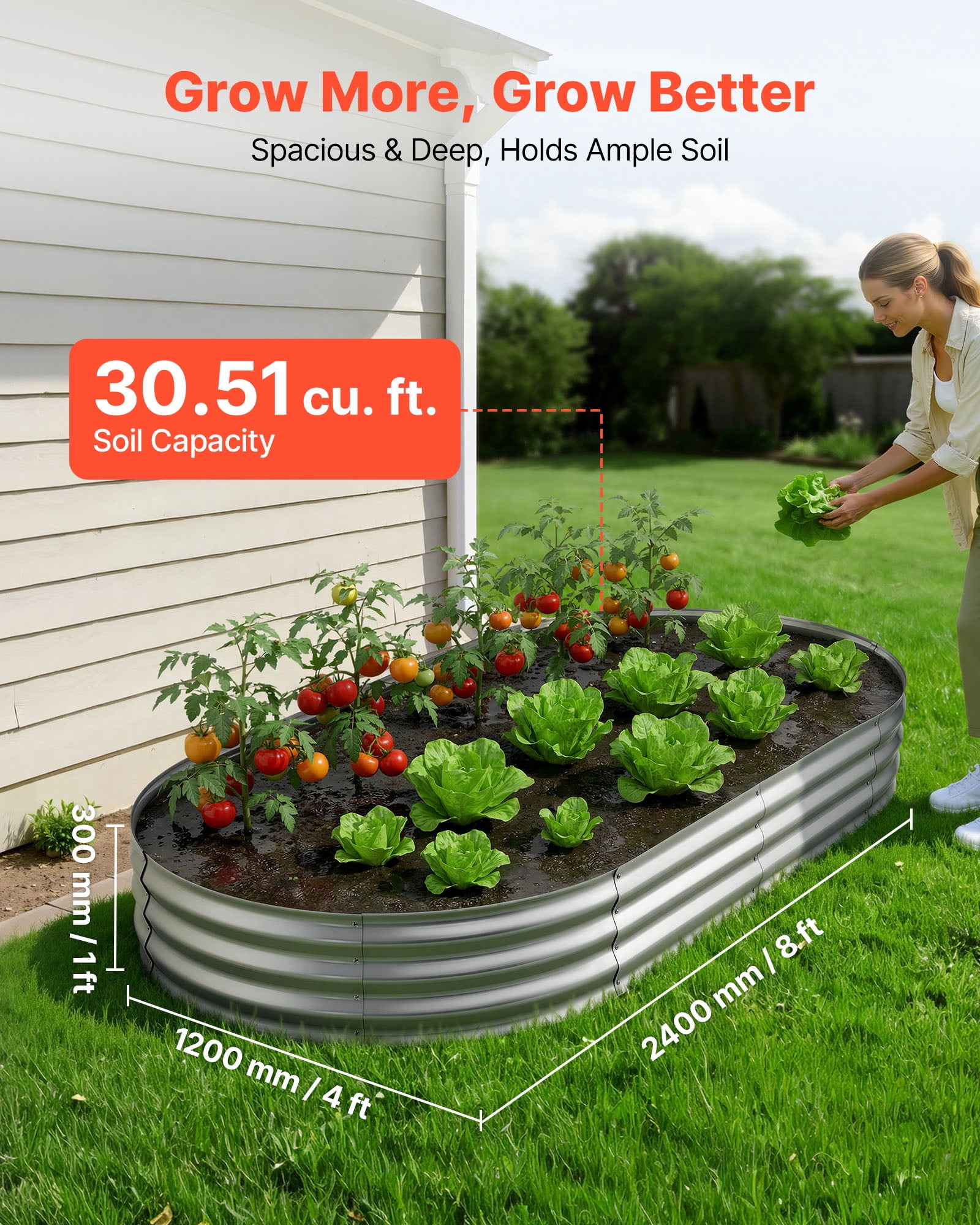 VEVOR Galvanized Raised Garden Bed, 8 x 4 x 1 ft, Oval Metal Planter Box Kit Outdoor, Bottomless Elevated Garden Box with Gloves, Rustproof Alu-Zinc, for Planting Flowers Fruits Vegetables, Silver
