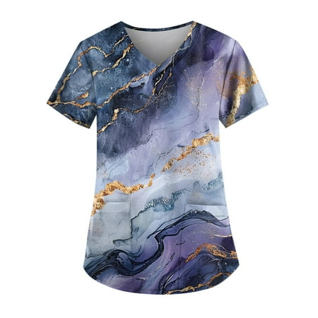 

Dorkasm Scrub Tops with Pockets Scrubs V Neck Short Sleeve Graphic Women Blouse Loose Fit Nursing Tops Dark Purple 5XL