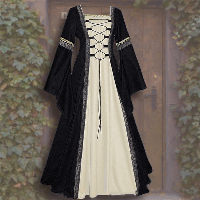 Jsaierl Costumes d'Halloween pour Femmes Vintage Médiéval Élégant Goth Robes Maxi Cosplay Irlandais Steampunk Robe de Bal Robe Renaissance
