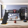 thumbnail image 2 of Twin XL size metal loft/bunk bed with basketball hoop, pull-up rings, climbing wall, and built-in bookshelves. Playful   childlike Delight featuring a slide,Black., 2 of 23