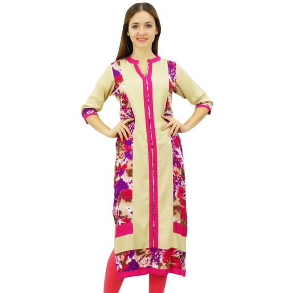 Phagun Women's Straight Rayon Indian Kurta Beige Casual Ethnic Tunic Kurti - 26