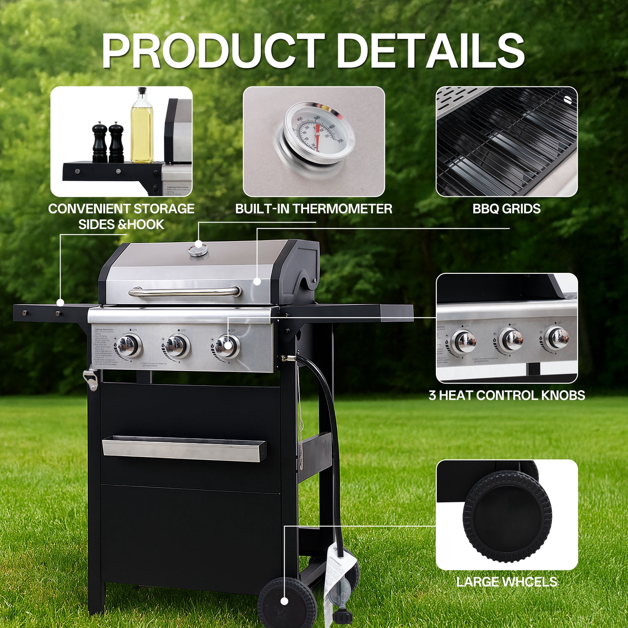YIORTWO 3 Burner Propane Gas Grill with Cover, 27,000 BTU Outdoor BBQ with Stainless Steel Lid & Storage Cabinet, Portable for Patio & Camping