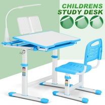 JOYLDIAS Kids Desk and Chair Set, Height Adjustable Children's Study Desk with Tilt Desktop, LED Light, Metal Hook, Storage, Drawer (Blue)
