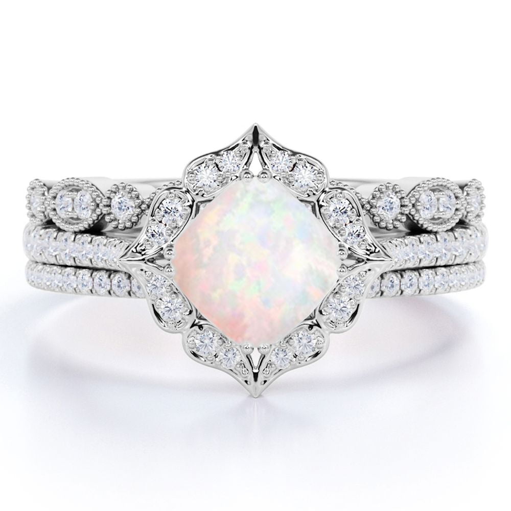 JeenMata Vintage 1.75 ct Halo Cushion Opal and Moissanite Trio Engagement Ring Set in 18K White Gold over Silver