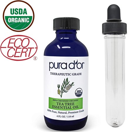PURA D'OR Organic Tea Tree Melaleuca Essential Oil (4oz with Glass Dropper) 100% Pure & Natural Therapeutic Grade for Hair, Body, Skin, Scalp, Aromatherapy Diffuser, Cleansing, Purify, Home, DIY Soap
