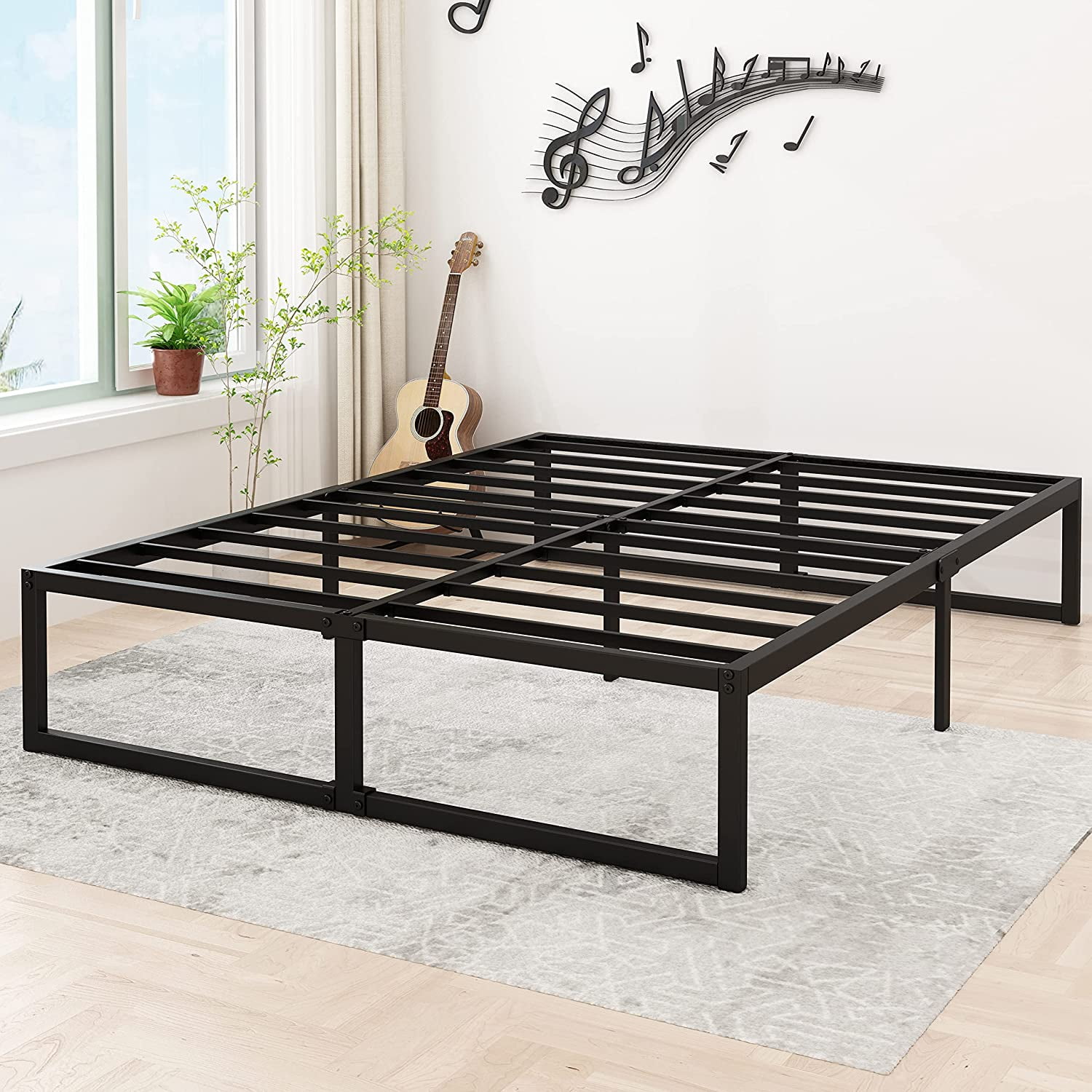 Lutown-Teen 14 inch Queen Bed Frame No Box Spring Needed, Easy Assembly, Heavy Duty Steel Slat Support Metal Platform Bed Frame Queen Size, Black