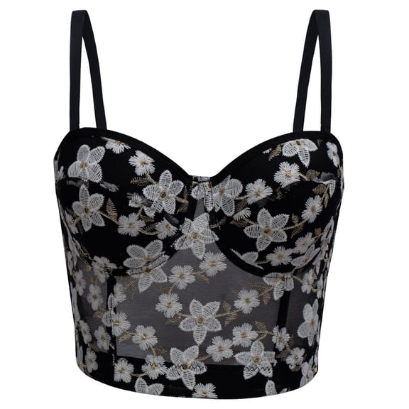 Byworldtasic Women's Sexy Floral Embroidery Corset Top Bodysuit Spaghetti Strap V Neck Sheer Mesh Bustier Cami Rave Top
