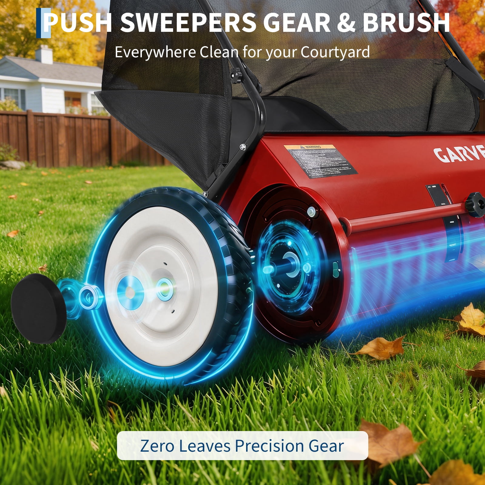 26" Heavy-Duty Push Lawn Sweeper, Leaf Sweeper for Lawn with 4 Spinning Brushes & Large Capacity Collection Bag, Adjustable Height Grass Clippings & Debris Collector for All Terrains, Red
