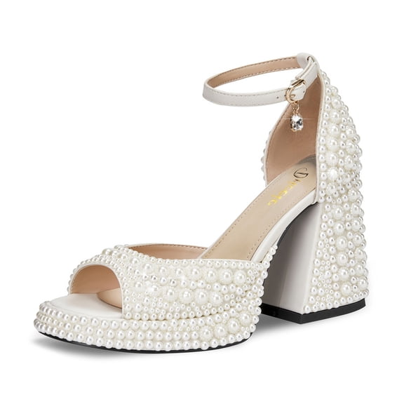 Women's Lvory White open toe pearl high-heeled sandals Chunky Buckle Ankle Strap Wedding Heeled Sandals Dress Evening Bride Shoes