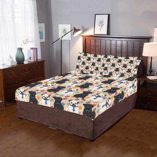 Juego de cama de 3 piezas Rainbow Paw Print Pug Dogs Azul