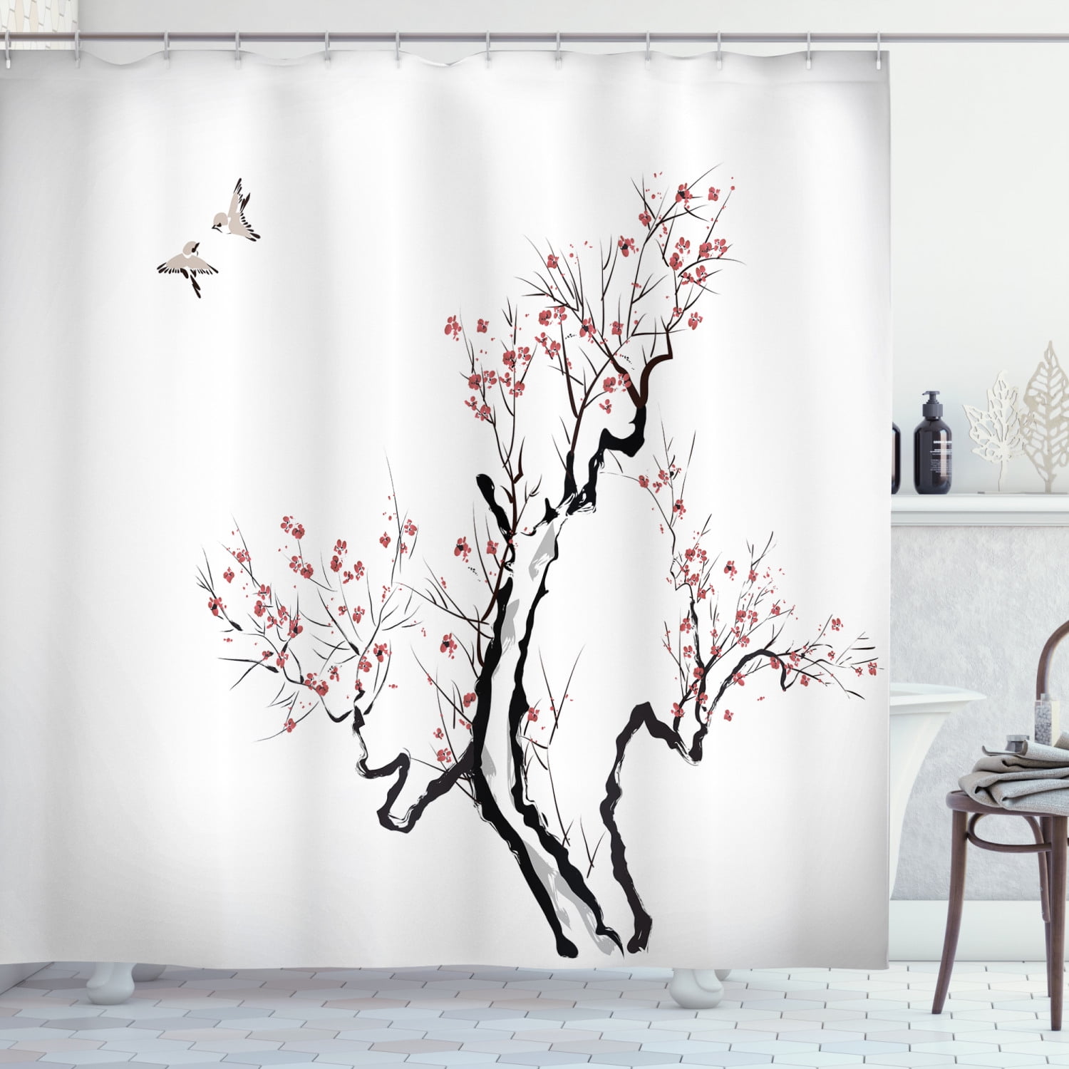 Flowers Tree Branches Sleeping Cat Shower Curtain Set Waterproof Fabric Hooks 