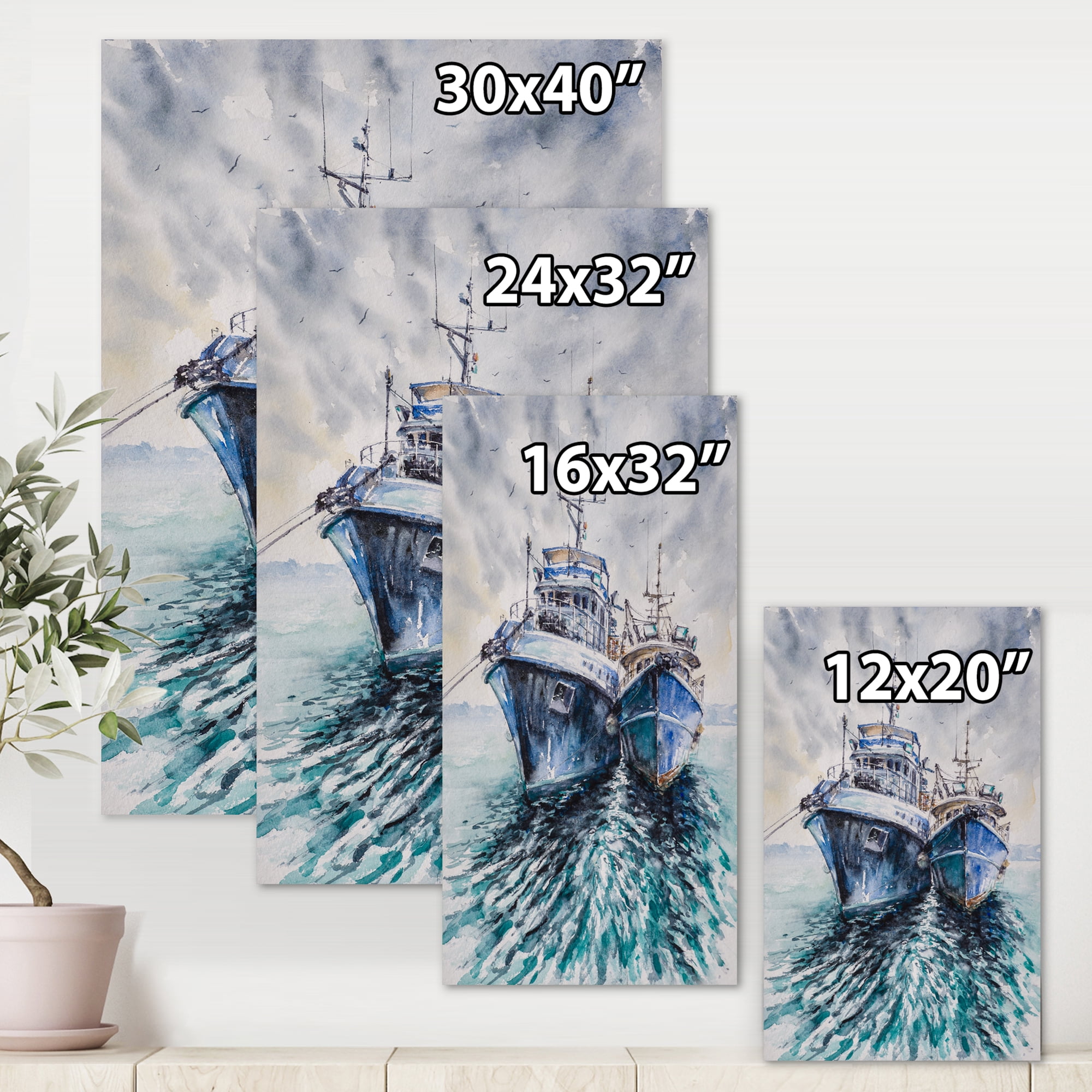 Blue Fishing Boats Before A Storm Anchored 12 in x 8 in Painting Canvas Art Print, by Designart