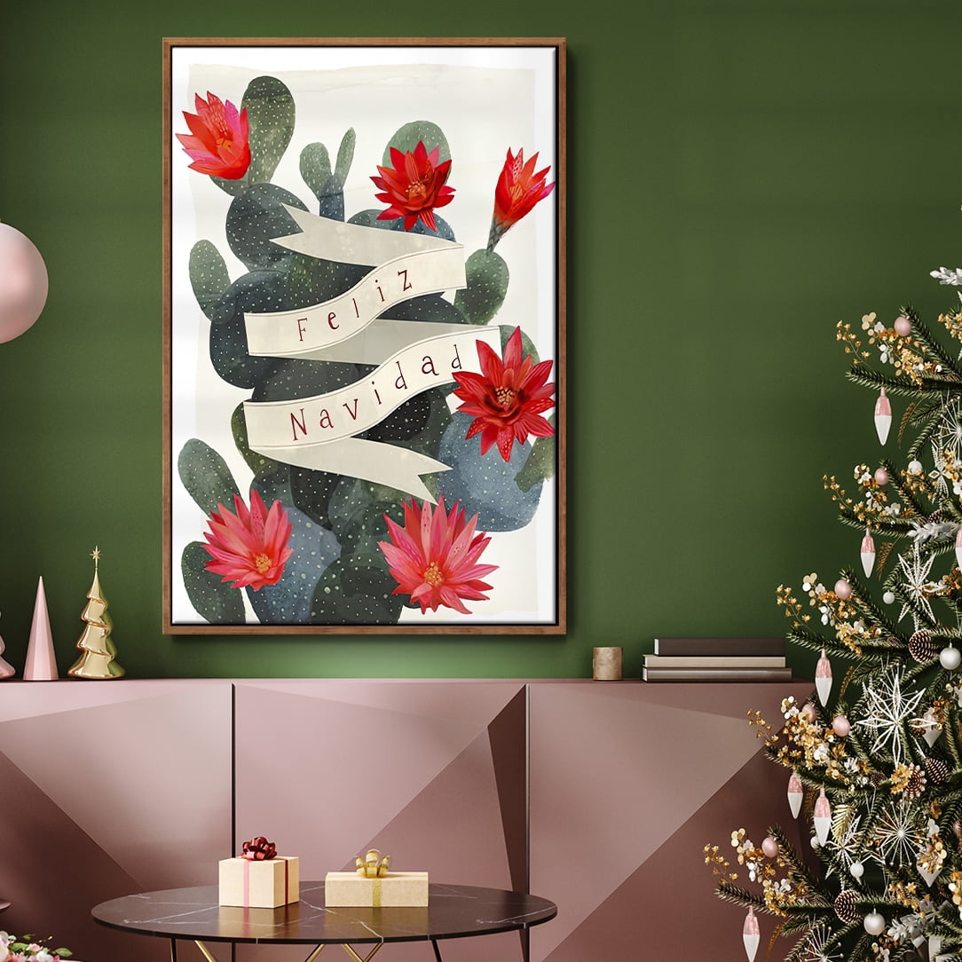 Desert Christmas Cactus I - Framed Gallery Wrapped Holiday Canvas - 25 x 37 - Rosewood Frame