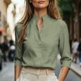 thumbnail image 2 of Enjoytime Shirts for Women Stand Collar V Neck Linen 3/4 Sleeve Tops Lightweight Business Casual Work Blouses, 2 of 7