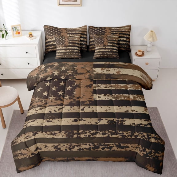 Manfei Retro Camo Usa Flag 7-Piece Twin Bedding,Vintage Stripes Art Bedding Comforter Set,Brown,Black Reversible