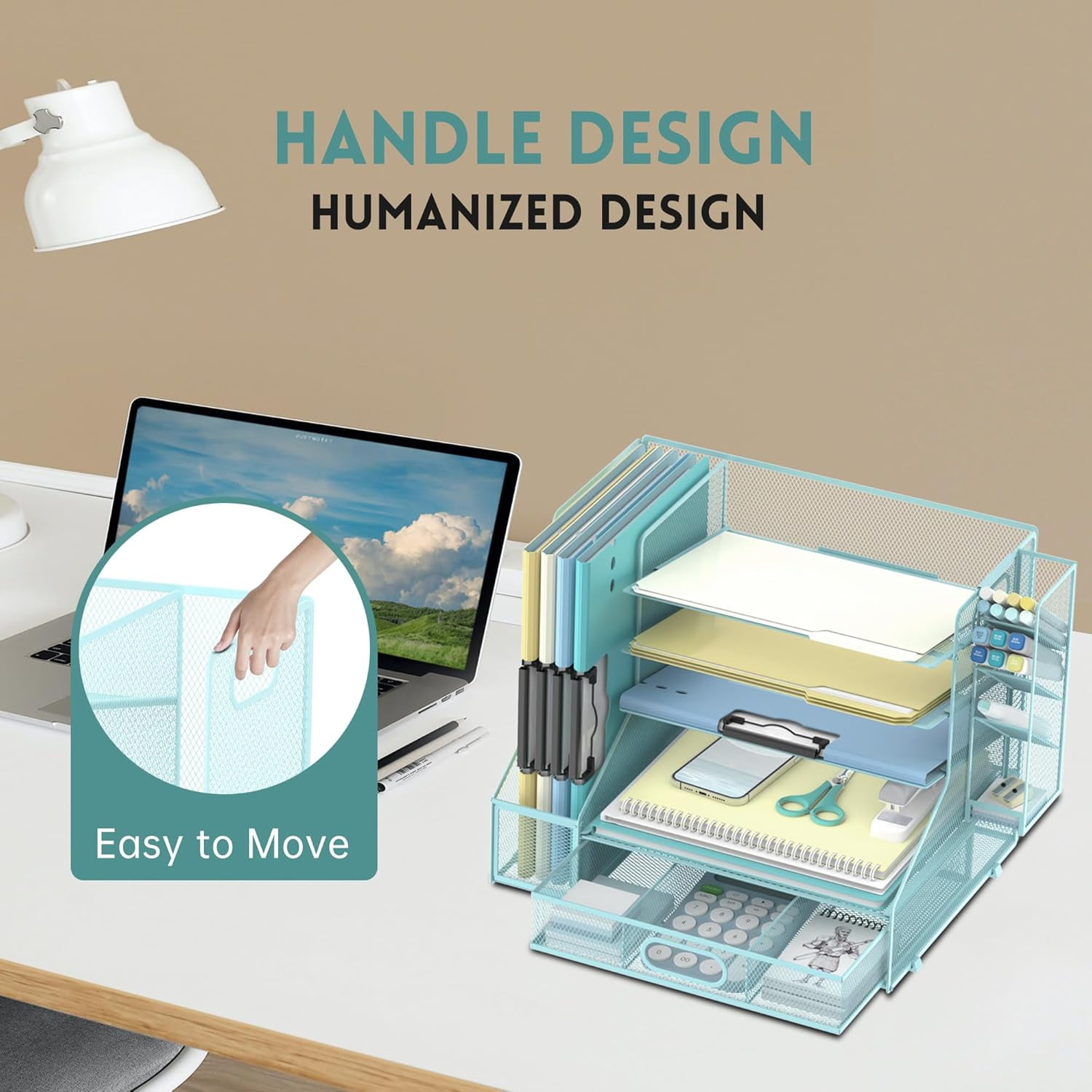 INTIGE Paper Organizer for Desk with 3 Pen Holders, 5-Tier Desk Organizer Tray with Handles, Metal File Organizer Storage
