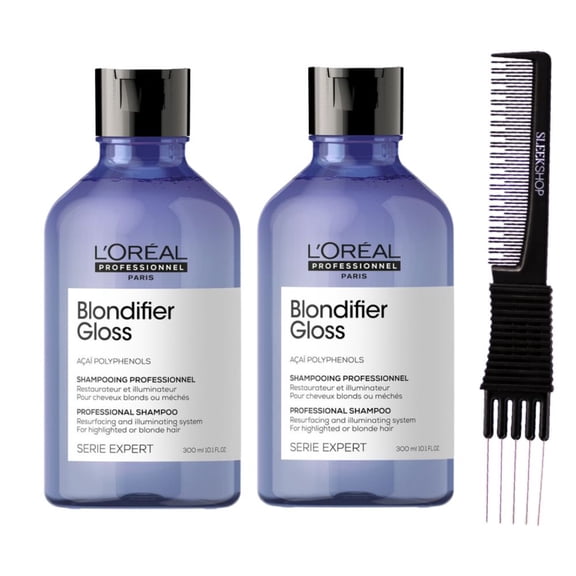 L'Oreal SerieExpert Acai Polyphenols Blondifier Gloss Shampoo For Blonde hair (10.1 oz) with SLEEKSHOP Teasing Comb Pack of 2