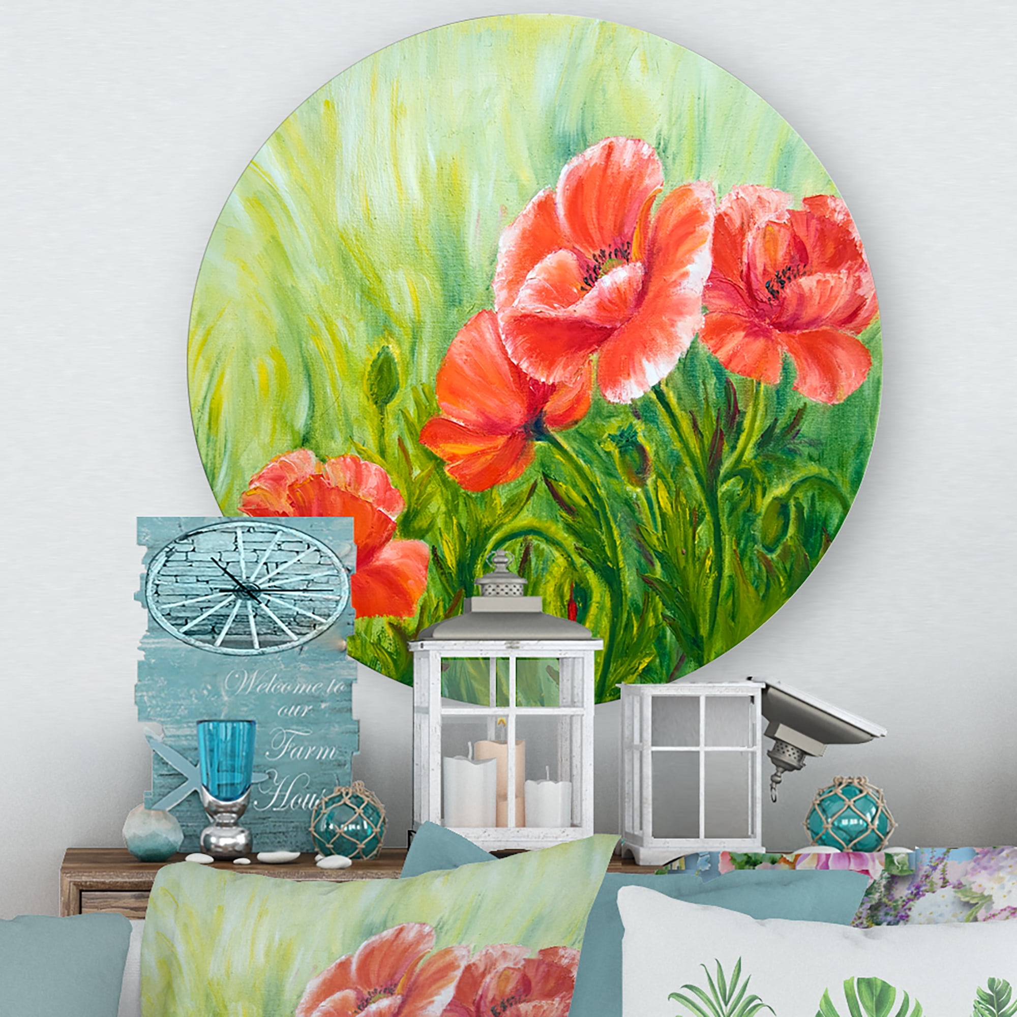 Designart 'Red Blossoming Poppies Over Wild Green III' Traditional Circle Metal Wall Art 11x11 - Disc of 11