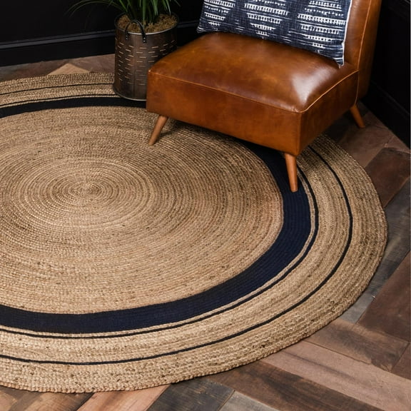 Unique Loom Braided Jute Collection Area Rug - Gujarat (3' 3" Round Natural and Navy Blue/Navy Blue)