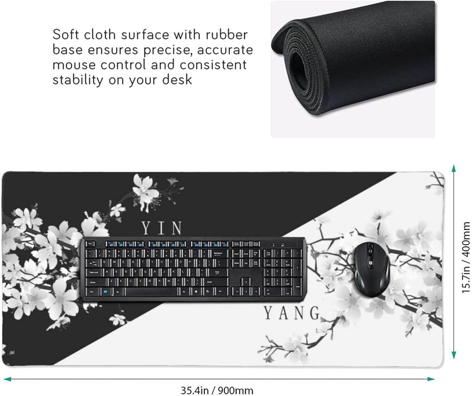 Large Gaming Mouse Pad Japanese Black White Cherry Blossom Mouse Pad with Stitched Edges & Nonslip Rubber Base Extended XXL Long Mousepad Big Desk Mat for Company Office Work, 35.4 x 15.7 in