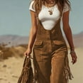 thumbnail image 6 of Felirenzacia Women's Suede Cargo Romper with Fringe, Weatern Vintage Wide Leg Leather Jumpsuit with Button Pockets, Khaki,S, 6 of 9