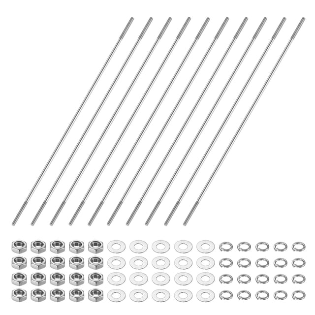 Uxcell Ensemble de 10 Vis à Double Extrémité Filetées, M3x180mm Tige de Poussée en Acier Inoxydable Filetage Double Extrémité avec Verrou et Rondelle Plate