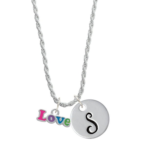 Delight Jewelry Rainbow Colored ''Love'' Silvertone Script Initial Disc - S - Charm Necklace, 20"+3"