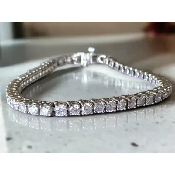 Natural Moissanite 7Ct Round Cut Women's Tennis Bracelet n 14K White Gold Plated