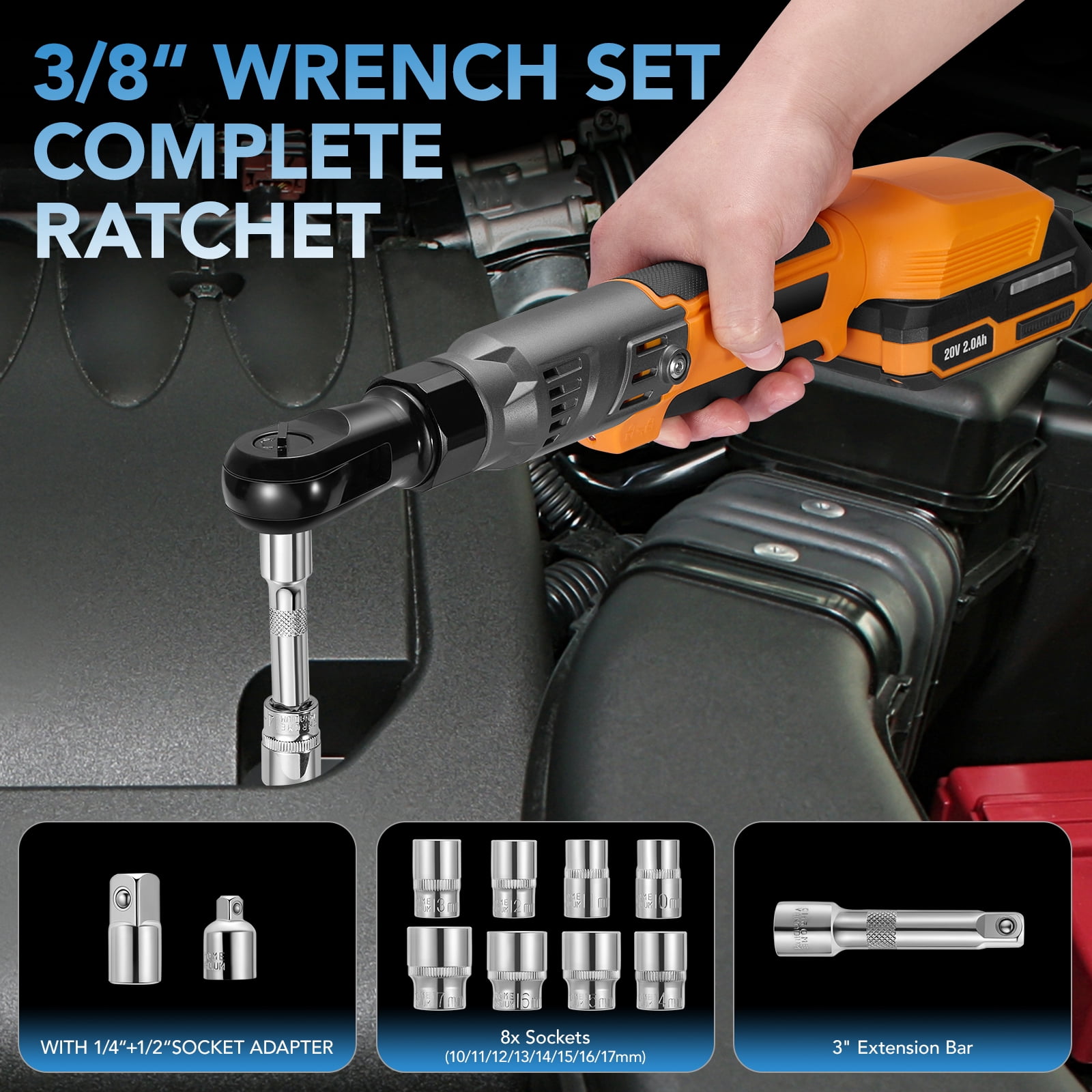 SPEEDWOW 3/8" Cordless Electric Ratchet Wrench Set, 20V 66Ft-lbs(90 N.M) 250RPM Power Ratchet Tool Kit with 2x 2.0A Batteries, Charger & 8 Sockets Brushless Impact Wrench for Vehicles Appliances