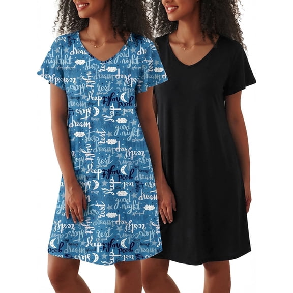 Fiykzur 2 Pack Women Nightgown Sleepwear Flare Short Sleeve Sleepshirts V Neck Sleepdress Causal Pajama Dress S-XXL