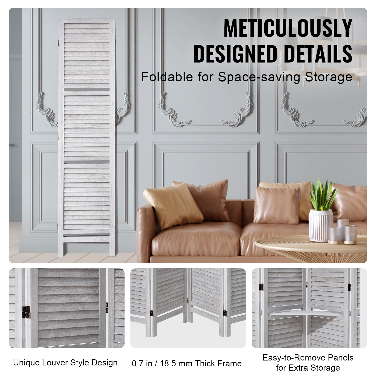VEVOR Wood Room Divider, 4 Panel Wood Folding Privacy Screen, 66.9 Inches&nbsp;Tall Indoor Louvered Partition Divider, Portable Decoration Screen, for Room Separation,&nbsp;Home