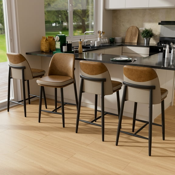 iooHug 26 Inch Counter Height Bar Stool Set of 4, Upholstered Bar Stool with PU Leather and Fabric Back, Metal Frame Kitchen Island Stool, 350 lbs, Brown