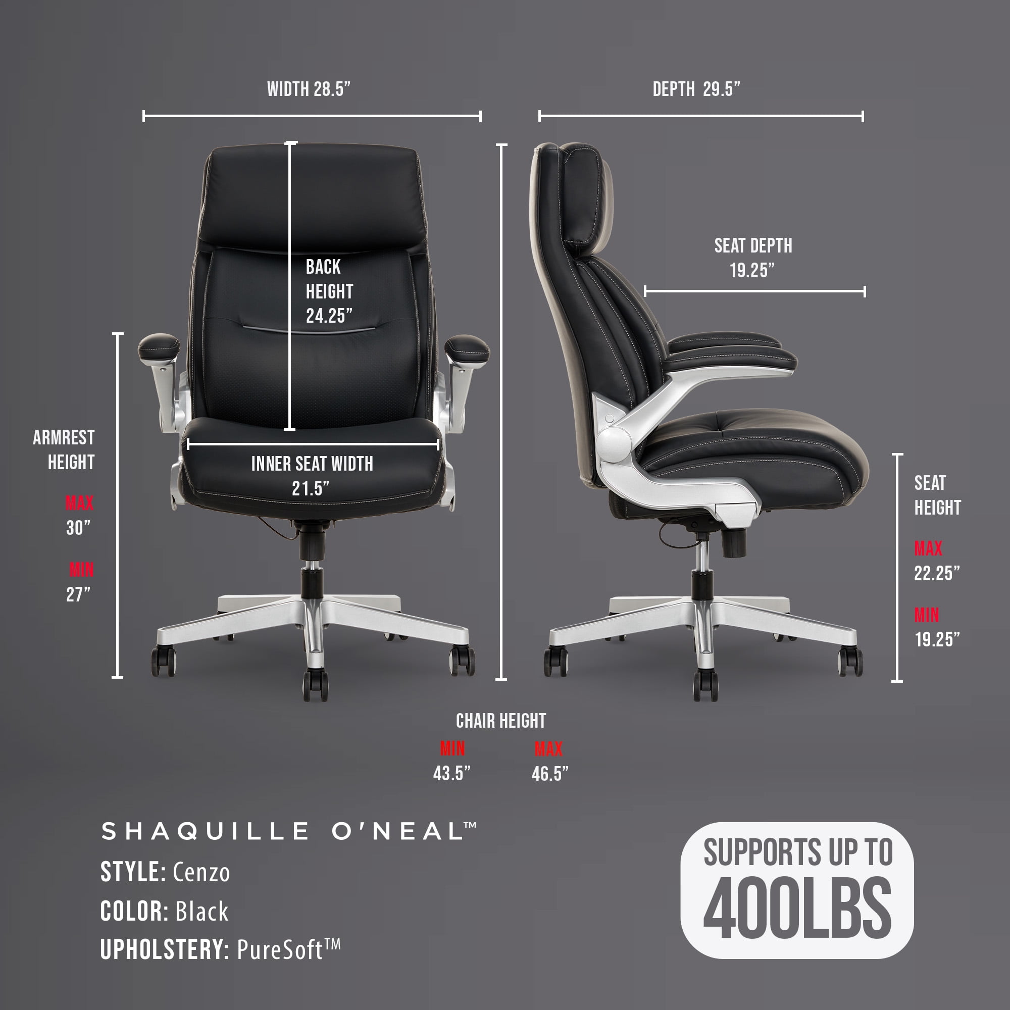 Shaquille O'Neal Cenzo Ergonomic Big and Tall Office Chair ,Flip-Up Arms PureSoft Upholstery High-Back Desk Chair with 400 lb Capacity, Black