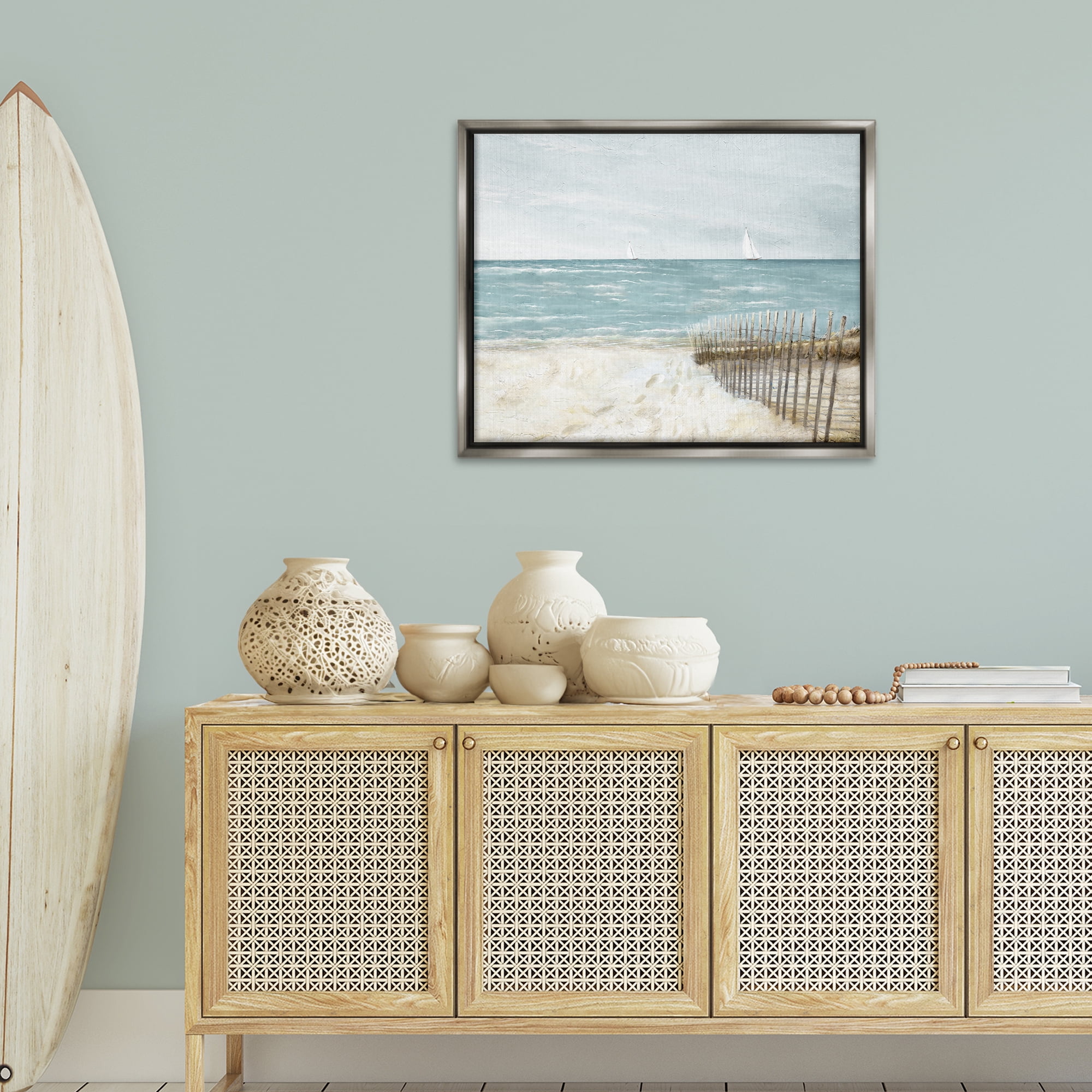 Stupell Industries Beach Footprints & Fence Nautical & Beach Painting Gray Floater Framed Canvas Art Print Wall Art, 31 x 25